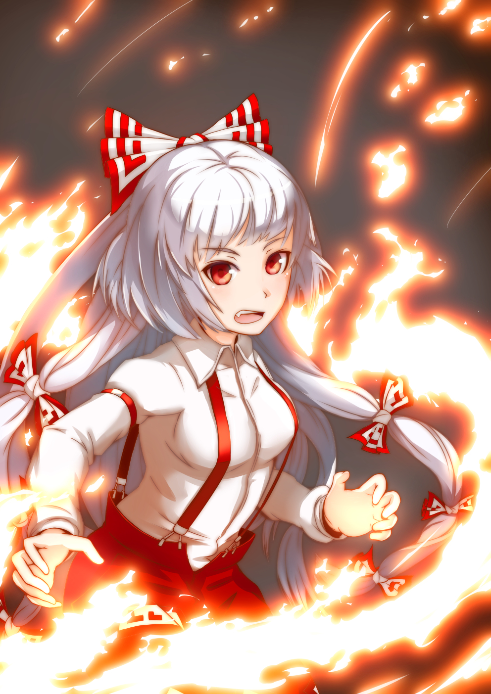 1girl arm_strap bow breasts fire fujiwara_no_mokou hair_bow hair_ribbon highres long_hair looking_at_viewer medium_breasts ofuda open_mouth orusuban pants red_eyes ribbon silver_hair solo suspenders touhou tress_ribbon