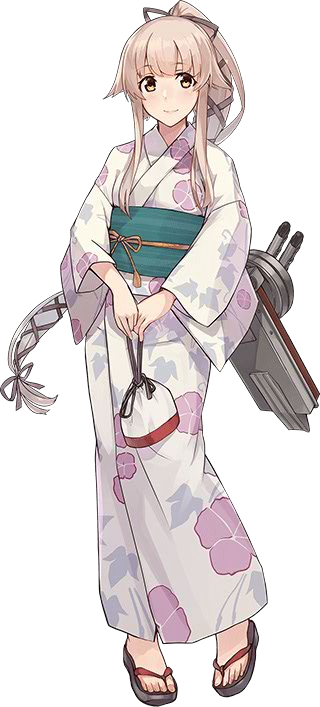 1girl bangs brown_ribbon drawstring_bag full_body geta hair_ribbon japanese_clothes kantai_collection kimono konishi_(koconatu) long_hair looking_at_viewer machinery official_art ponytail remodel_(kantai_collection) ribbon sash sidelocks smile solo transparent_background very_long_hair yukata yura_(kantai_collection)