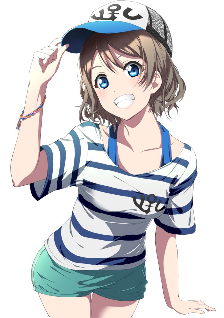 10s 1girl baseball_cap blue_eyes blush character_name clenched_teeth clothes_writing collarbone grey_hair hat head_tilt horizontal_stripes looking_at_viewer love_live! love_live!_sunshine!! nishiuri_warito shirt short_hair shorts simple_background solo striped striped_shirt t-shirt teeth watanabe_you white_background