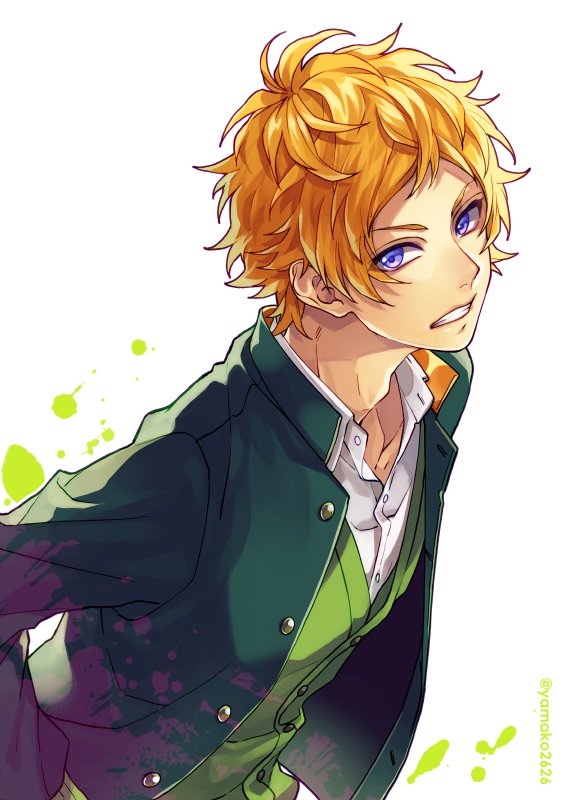 1boy a3! blue_eyes clenched_teeth collarbone hand_in_pocket jacket looking_at_viewer male_focus open_clothes open_jacket orange_hair simple_background solo sumeragi_tenma teeth twitter_username upper_body white_background yamako_(state_of_children)