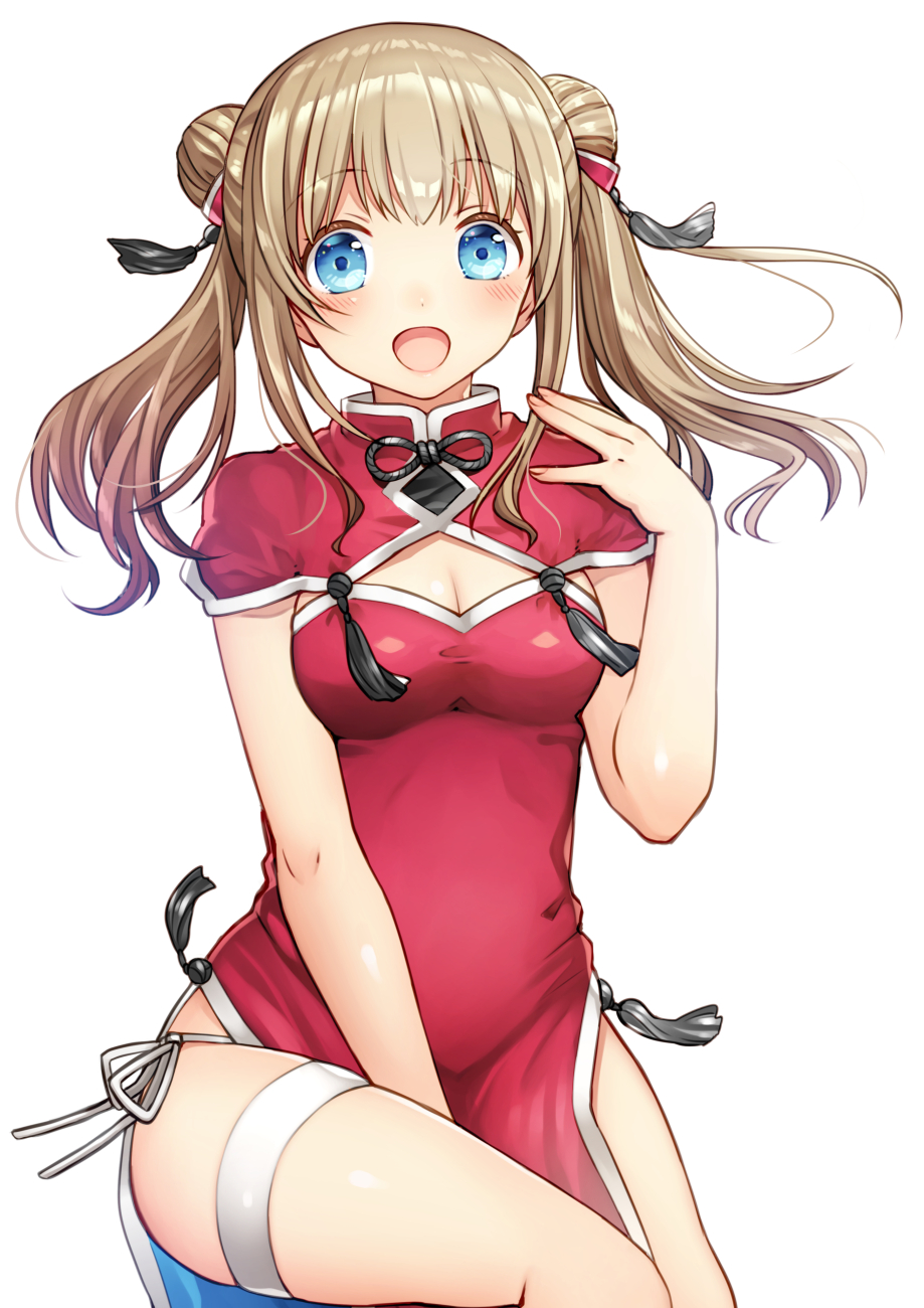 1girl bangs bare_arms between_legs blue_eyes breasts brown_hair capelet china_dress chinese_clothes cleavage double_bun dress hand_between_legs highres kurata_rine looking_at_viewer medium_breasts open_mouth original panties pelvic_curtain red_dress side-tie_panties simple_background sitting smile solo tassel thigh_strap two_side_up underwear white_background white_panties