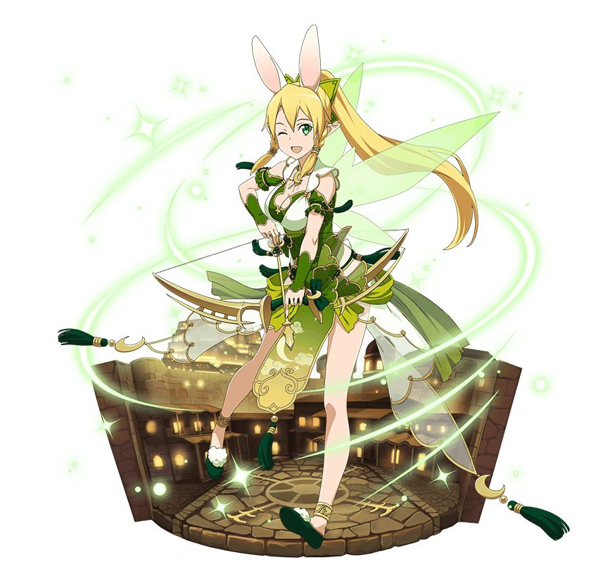 1girl ;d animal_ears anklet blonde_hair bow_(weapon) breasts cleavage floating_hair full_body green_eyes high_ponytail holding holding_arrow holding_bow_(weapon) holding_weapon jewelry large_breasts leafa long_hair one_eye_closed open_mouth pointy_ears rabbit_ears simple_background sleeveless smile solo standing sword_art_online transparent very_long_hair weapon white_background