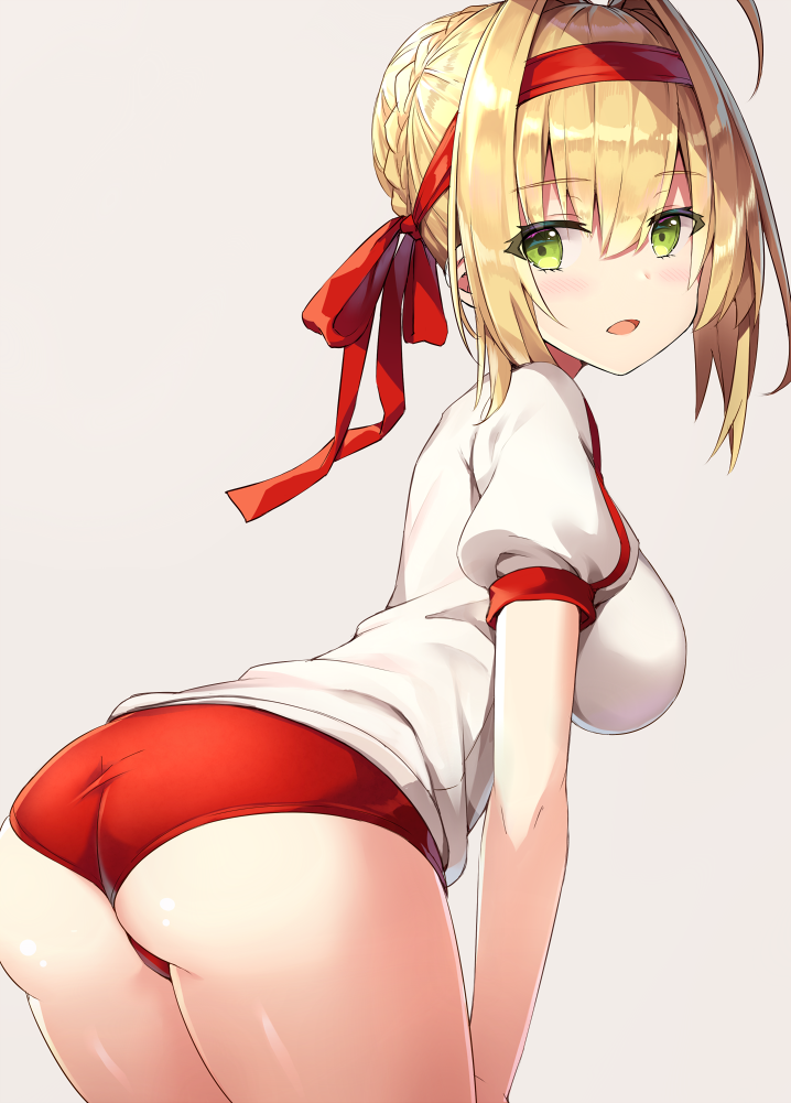 1girl ass blonde_hair blush braid breasts buruma cowboy_shot eyebrows_visible_through_hair fate/grand_order fate_(series) green_eyes gym_shirt gym_uniform hair_between_eyes hair_bun hair_intakes headband large_breasts looking_at_viewer looking_back open_mouth pose rin_yuu saber_extra shirt short_sleeves sidelocks simple_background smile solo t-shirt thighs tied_hair tsurime white_background white_shirt