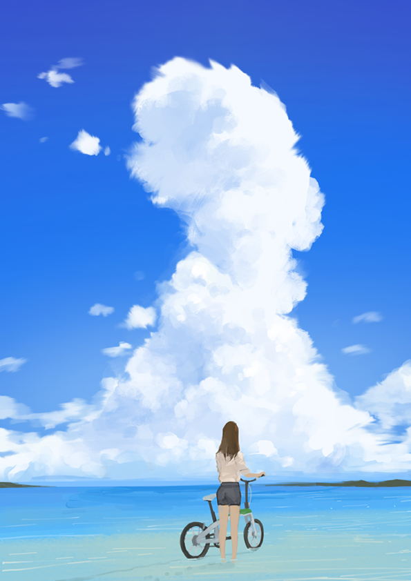 1girl bicycle blue_shorts blue_sky brown_hair clouds cloudy_sky commentary_request day from_behind ground_vehicle long_hair ocean outdoors shirt short_sleeves shorts sky soaking_feet solo somehira_katsu standing white_shirt