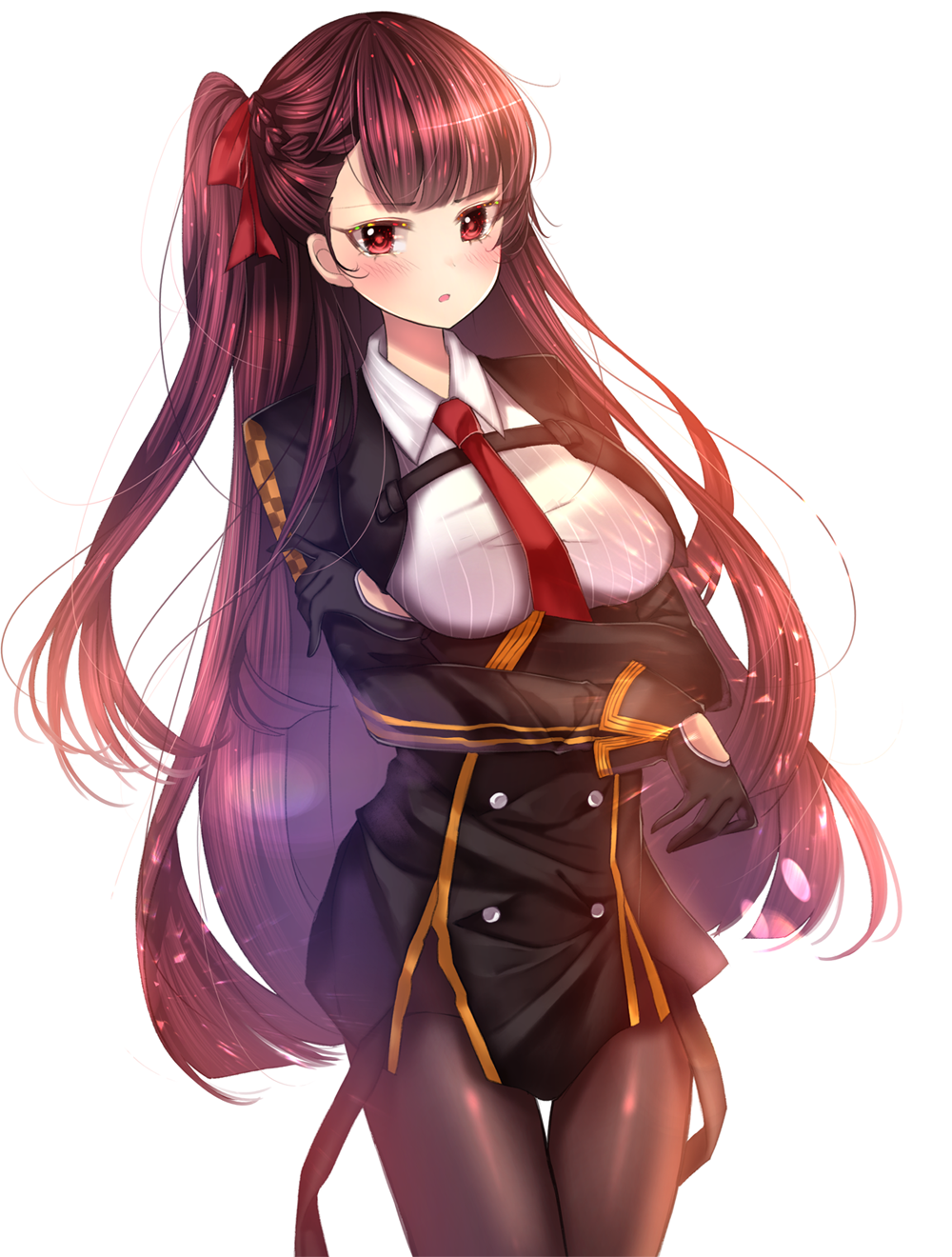 1girl black_gloves black_legwear blush braid breasts collared_shirt commentary girls_frontline gloves hair_ribbon highres large_breasts long_hair narami necktie one_side_up pantyhose parted_lips purple_hair red_eyes red_necktie red_ribbon ribbon shirt simple_background solo standing thigh_gap very_long_hair wa2000_(girls_frontline) white_background white_shirt wing_collar