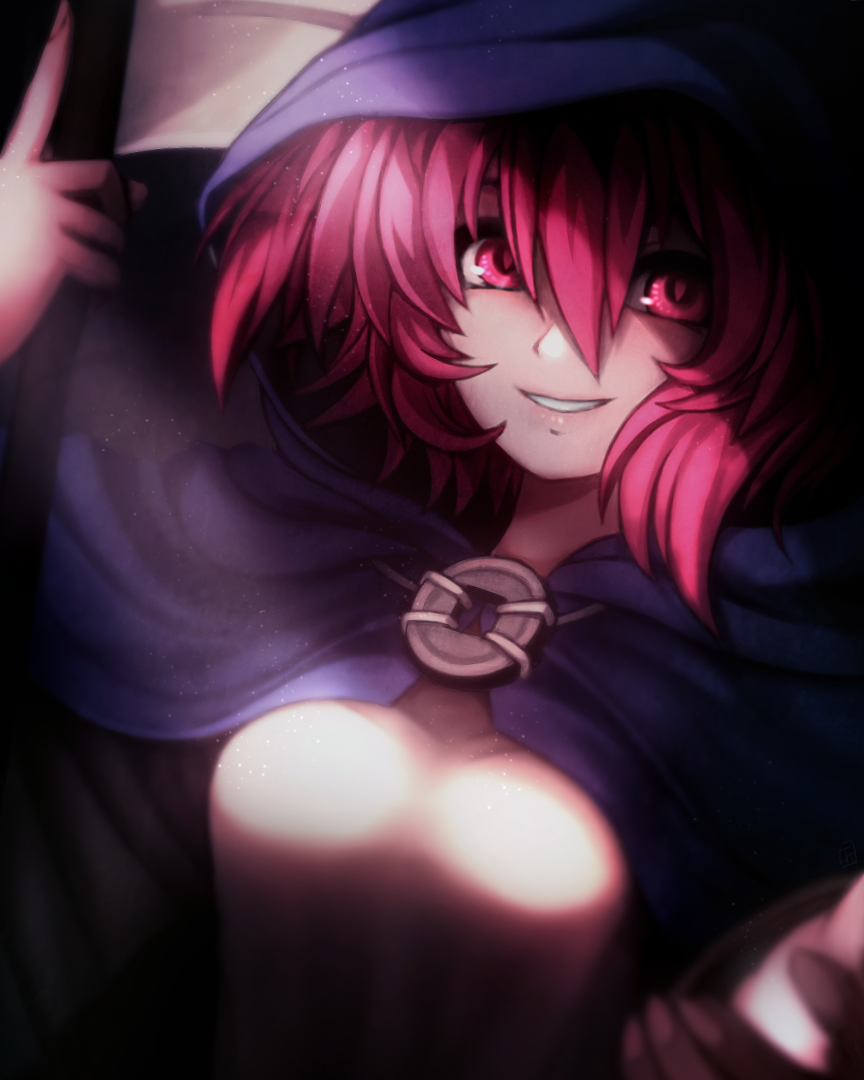 1girl blurry breasts cape depth_of_field fixelcat holding holding_weapon lips looking_at_viewer medium_breasts onozuka_komachi parted_lips pink_eyes pink_hair scythe smile solo touhou upper_body weapon