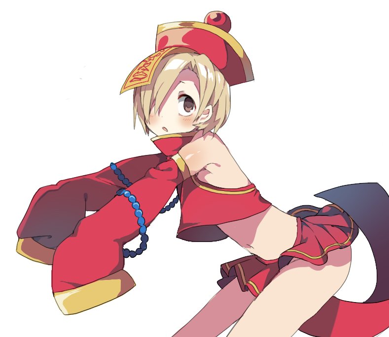 1girl bare_shoulders blonde_hair blush brown_eyes crop_top detached_sleeves hair_over_one_eye hat idolmaster idolmaster_cinderella_girls jiangshi leaning_forward looking_at_viewer microskirt ofuda pleated_skirt red_hat red_skirt shirasaka_koume short_hair simple_background skirt sleeves_past_wrists solo turtleneck white_background