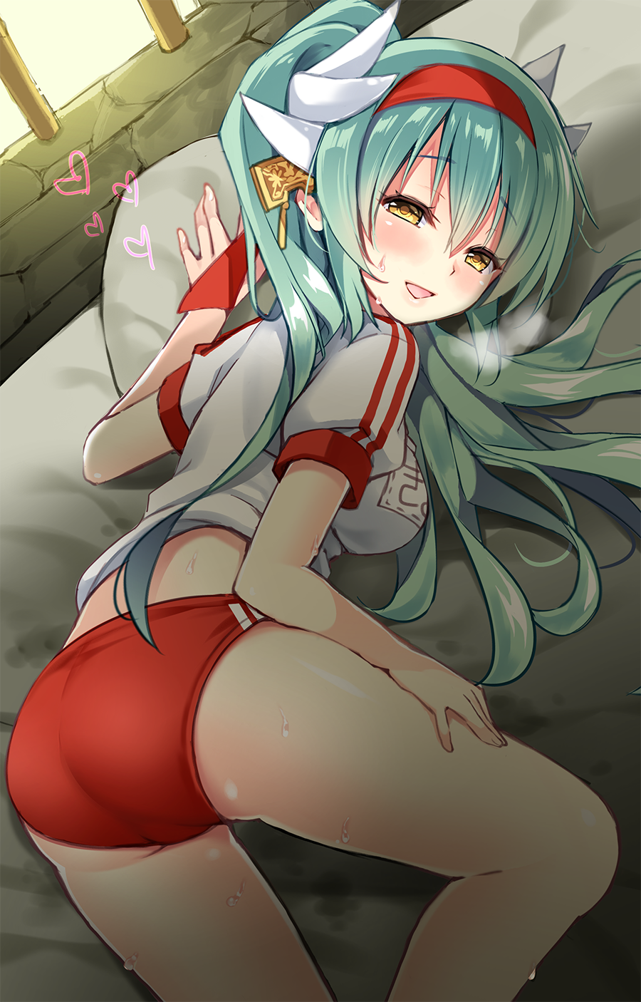 1girl ass bangs blush buruma eyebrows_visible_through_hair fate/grand_order fate_(series) green_hair gym_shirt gym_uniform hair_between_eyes headband highres horns ikura_nagisa kiyohime_(fate/grand_order) long_hair looking_at_viewer name_tag open_mouth ponytail red_buruma shirt short_sleeves smile solo sweat thighs triangle_mouth very_long_hair white_shirt yellow_eyes