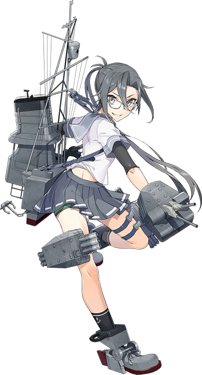 1girl amagiri_(kantai_collection) anchor bike_shorts boots cannon drew_(drew213g) glasses grey_eyes grey_hair hair_between_eyes kantai_collection long_hair looking_at_viewer machinery mast official_art pleated_skirt ponytail school_uniform serafuku skirt smokestack solo tsurime