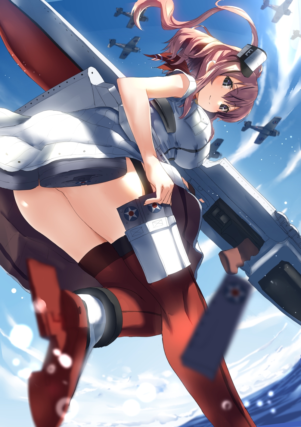 1girl aircraft airplane blue_eyes blurry breast_pocket breasts brown_hair day depth_of_field dress flight_deck from_below gun hair_between_eyes highres kantai_collection long_hair looking_at_viewer looking_down magazine_(weapon) neckerchief ocean pocket ponytail red_legwear red_neckerchief saratoga_(kantai_collection) short_sleeves side_ponytail sidelocks smile solo submachine_gun thigh-highs thompson_submachine_gun tsuuhan weapon white_dress