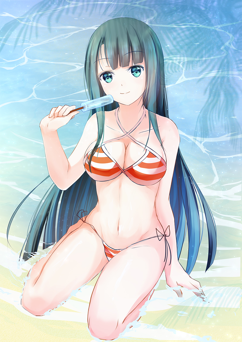 1girl anping_(oshiro_project) aqua_eyes aqua_hair beach bikini breasts cleavage eyebrows_visible_through_hair food full_body holding holding_food long_hair looking_at_viewer medium_breasts midriff navel oshiro_project oshiro_project_re popsicle sitting smile solo striped striped_bikini swimsuit wading xiao_yung_lin