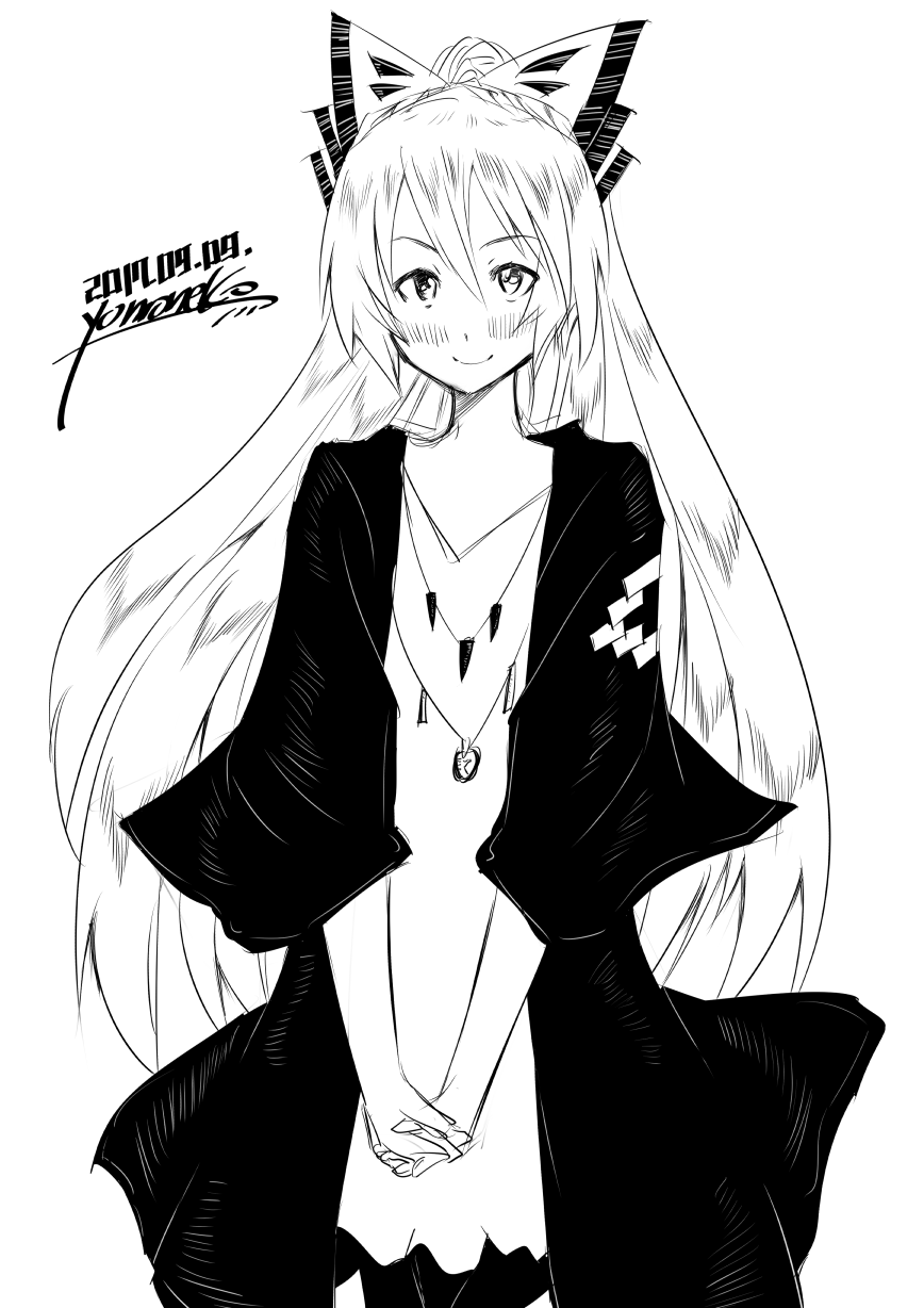 1girl blush bow dated dress fujiwara_no_mokou hair_bow hands_clasped highres jacket jewelry long_hair looking_at_viewer monochrome necklace ponytail short_dress signature sketch smile solo touhou very_long_hair yomoneko