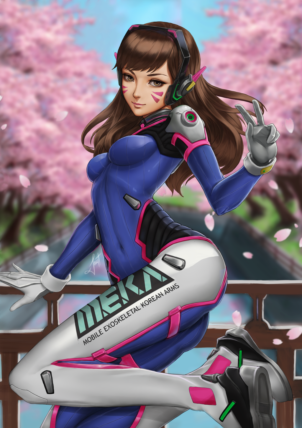 1girl acronym against_railing animal_print bangs blue_bodysuit blue_sky blurry blurry_background bodysuit breasts brown_eyes brown_hair bunny_print cherry_blossoms clothes_writing covered_navel d.va_(overwatch) day depth_of_field facepaint facial_mark from_side gloves headphones high_collar highres jumping light_smile long_hair looking_at_viewer looking_to_the_side medium_breasts outdoors overwatch perspective petals pilot_suit pink_lips railing ribbed_bodysuit shoulder_pads signature skin_tight sky solo suicuneart swept_bangs tree v whisker_markings white_gloves