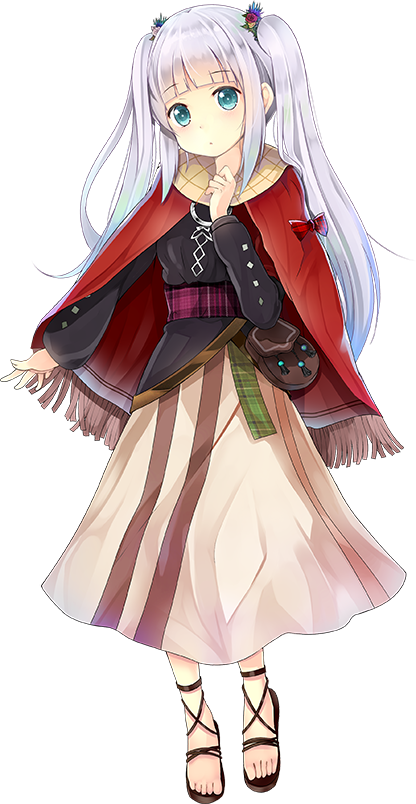 1girl blue_eyes brown_skirt eilean_donan_(oshiro_project) eyebrows_visible_through_hair full_body long_skirt looking_at_viewer official_art oshiro_project oshiro_project_re red_capelet silver_hair skirt solo taicho128 transparent_background twintails