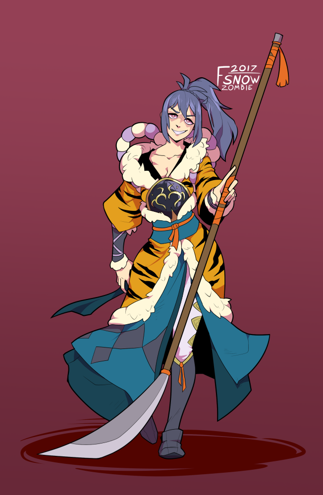 1girl blue_hair fire_emblem fire_emblem_if fur fur_coat holding holding_weapon japanese_clothes looking_at_viewer naginata oboro_(fire_emblem_if) polearm ponytail smile solo tiger_stripes weapon