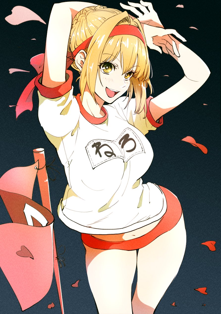 arms_up blonde_hair bonkara_(sokuseki_maou) bow breasts buruma commentary_request cowboy_shot dark_background fate/extra fate/extra_ccc fate_(series) gym_shirt hair_between_eyes hair_bun hair_intakes highres large_breasts leaning_forward navel open_mouth saber_extra shirt short_sleeves smile solo t-shirt tasuki translation_request yellow_eyes