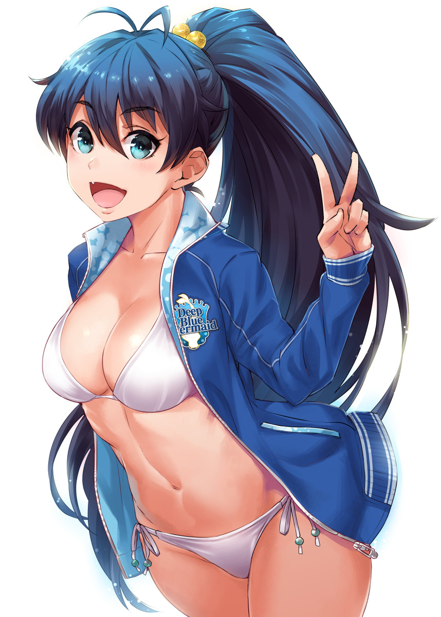 1girl :d antenna_hair bikini black_hair breasts cleavage commentary_request don_michael fang ganaha_hibiki high_ponytail highres idolmaster jacket long_hair looking_at_viewer medium_breasts navel open_mouth ponytail simple_background smile solo standing stomach swimsuit swimsuit_under_clothes v white_background white_bikini