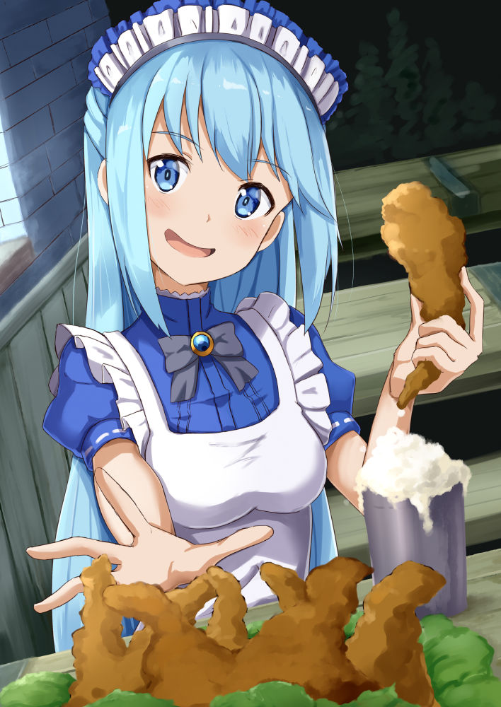 1girl ame. apron aqua_(konosuba) beer_mug blue_eyes blue_hair blush dutch_angle food fried_chicken holding holding_food indoors kono_subarashii_sekai_ni_shukufuku_wo! long_hair looking_at_viewer maid maid_apron maid_headdress open_mouth ribbon smile tagme