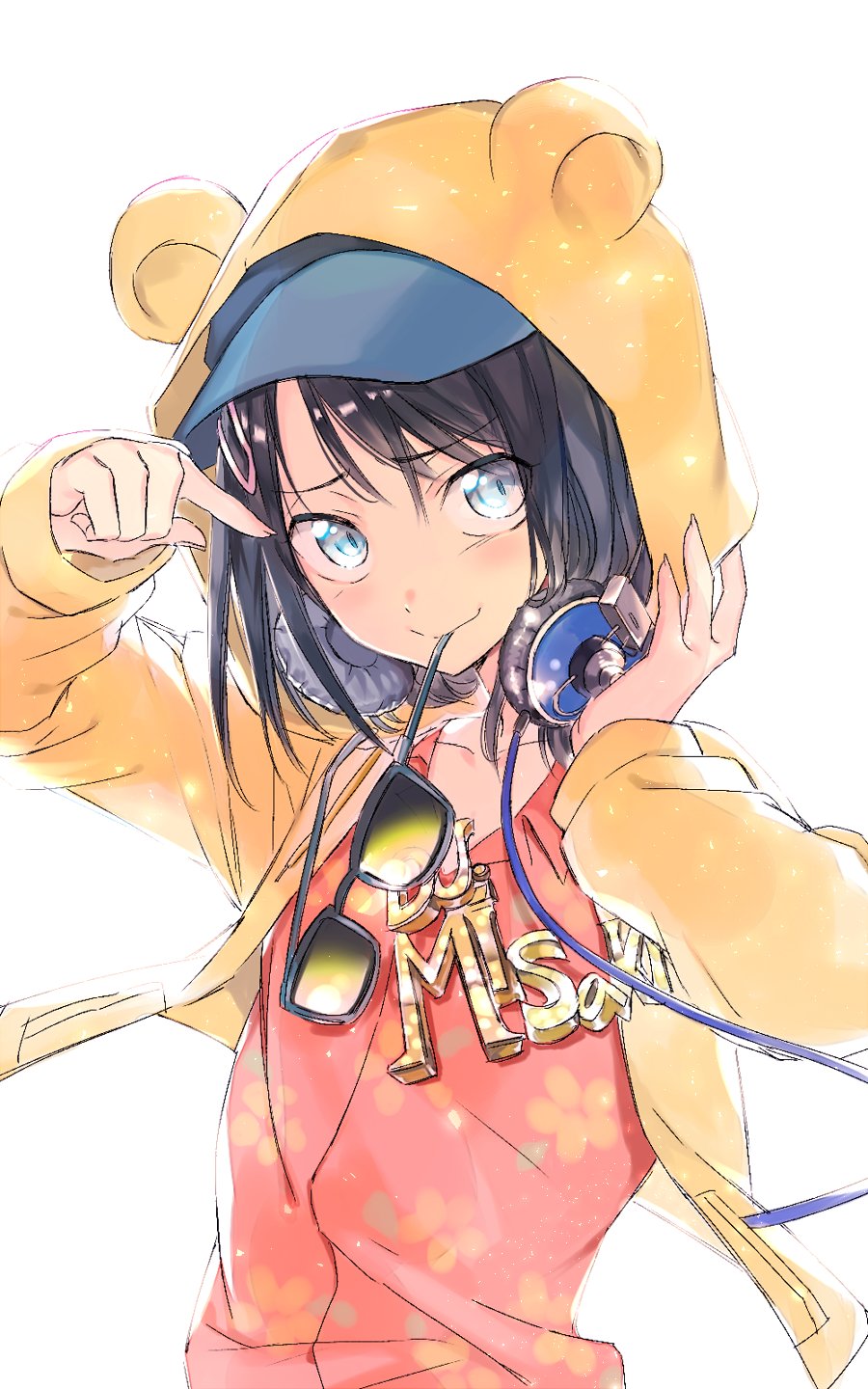 1girl bang_dream! bangs black_hair blue_eyes commentary eyebrows_visible_through_hair floral_print glasses_in_mouth hair_ornament hairclip hat headphones highres hood hoodie looking_at_viewer mouth_hold okusawa_misaki short_hair simple_background sohu solo sunglasses white_background