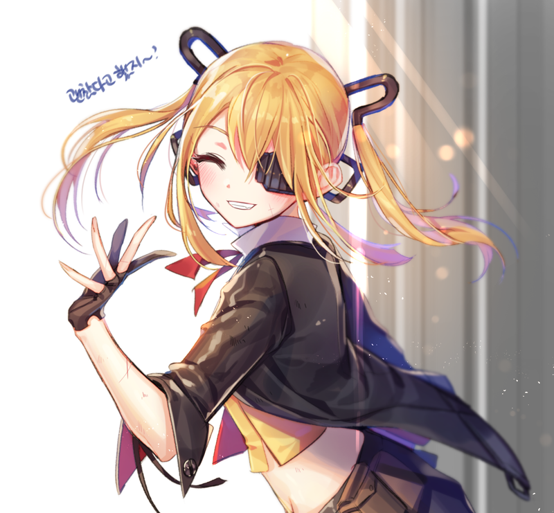 1girl ^_^ bangs black_gloves black_jacket brown_pants closed_eyes crop_top eyebrows_visible_through_hair eyepatch facing_viewer from_side girls_frontline gloves grin hair_between_eyes hair_ornament hand_up interitio jacket leather leather_jacket lens_flare light_rays long_hair midriff open_clothes open_jacket pants parted_lips partly_fingerless_gloves sidelocks smile solo sunbeam sunlight teeth twintails upper_body vz.61_(girls_frontline)