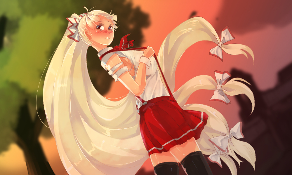 1girl adapted_costume amatou3 ascot black_legwear bow breasts fujiwara_no_mokou hair_bow hair_ribbon large_breasts long_hair looking_at_viewer looking_to_the_side ponytail red_eyes red_skirt ribbon skirt solo suspenders suspenders_pull thigh-highs touhou tree tress_ribbon very_long_hair white_hair