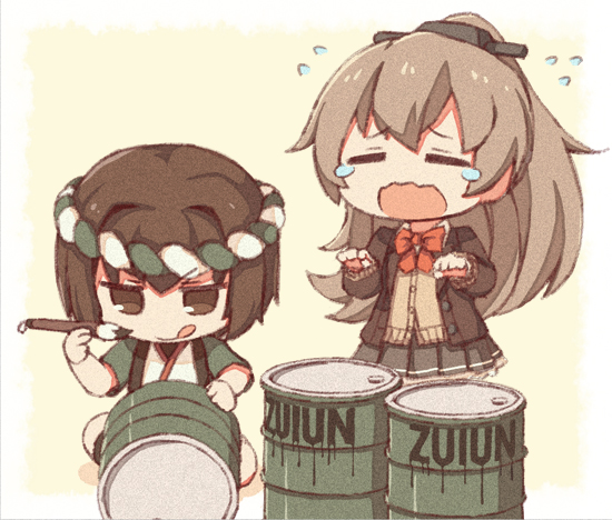 2girls brown_eyes brown_hair closed_eyes commentary_request crying drum_(container) e16a_zuiun holding hyuuga_(kantai_collection) japanese_clothes kantai_collection kata_meguma kumano_(kantai_collection) long_hair long_sleeves multiple_girls open_mouth pleated_skirt ponytail school_uniform serafuku short_hair skirt