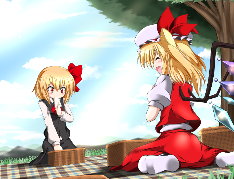 2girls black_skirt black_vest blanket blonde_hair blue_sky checkered_blanket closed_eyes day dutch_angle eating fang flandre_scarlet food food_in_mouth from_behind grass hagami495 hair_ribbon hat hat_ribbon long_sleeves looking_down mob_cap mountain multiple_girls no_shoes open_mouth outdoors picnic picnic_basket puffy_short_sleeves puffy_sleeves red_eyes red_skirt red_vest ribbon rumia sandwich seiza shirt short_hair short_sleeves side_ponytail sitting skirt sky socks touhou tree vest wariza white_legwear white_shirt wings