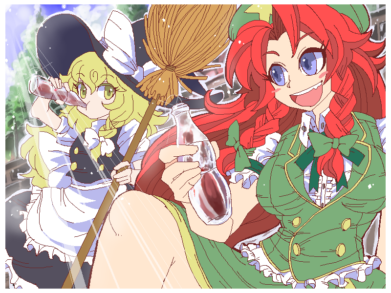 2girls apron beret blonde_hair blue_eyes blue_sky bottle bow braid brick_wall broom chinese_clothes clouds commentary_request drinking eyebrows_visible_through_hair hat hat_bow hong_meiling kirisame_marisa multiple_girls one_leg_raised outdoors puffy_short_sleeves puffy_sleeves redhead shiny short_sleeves side_braid single_braid sky smile soda soda_bottle star sunlight touhou tree twin_braids waist_apron wall wavy_hair witch_hat yellow_eyes yt_(wai-tei)