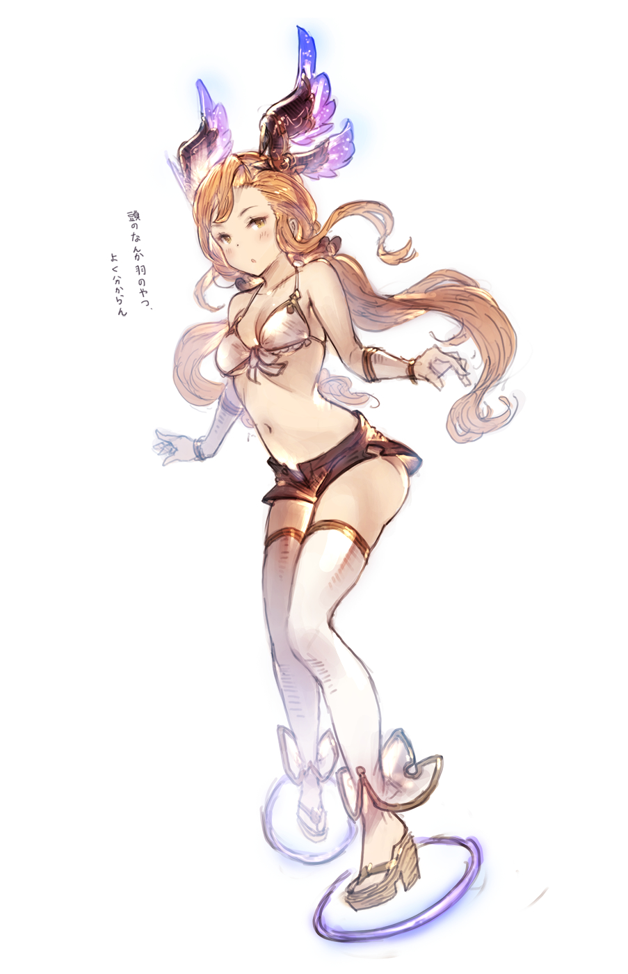 1girl bikini_top bracelet breasts brown_eyes brown_hair cleavage front-tie_bikini front-tie_top full_body granblue_fantasy hanarito head_wings highres jewelry leaning_forward low_twintails medium_breasts midriff navel open_fly sandals short_shorts shorts sidelocks simple_background solo song_(granblue_fantasy) thigh-highs toeless_legwear twintails wedge_heels white_background white_bikini_top white_legwear