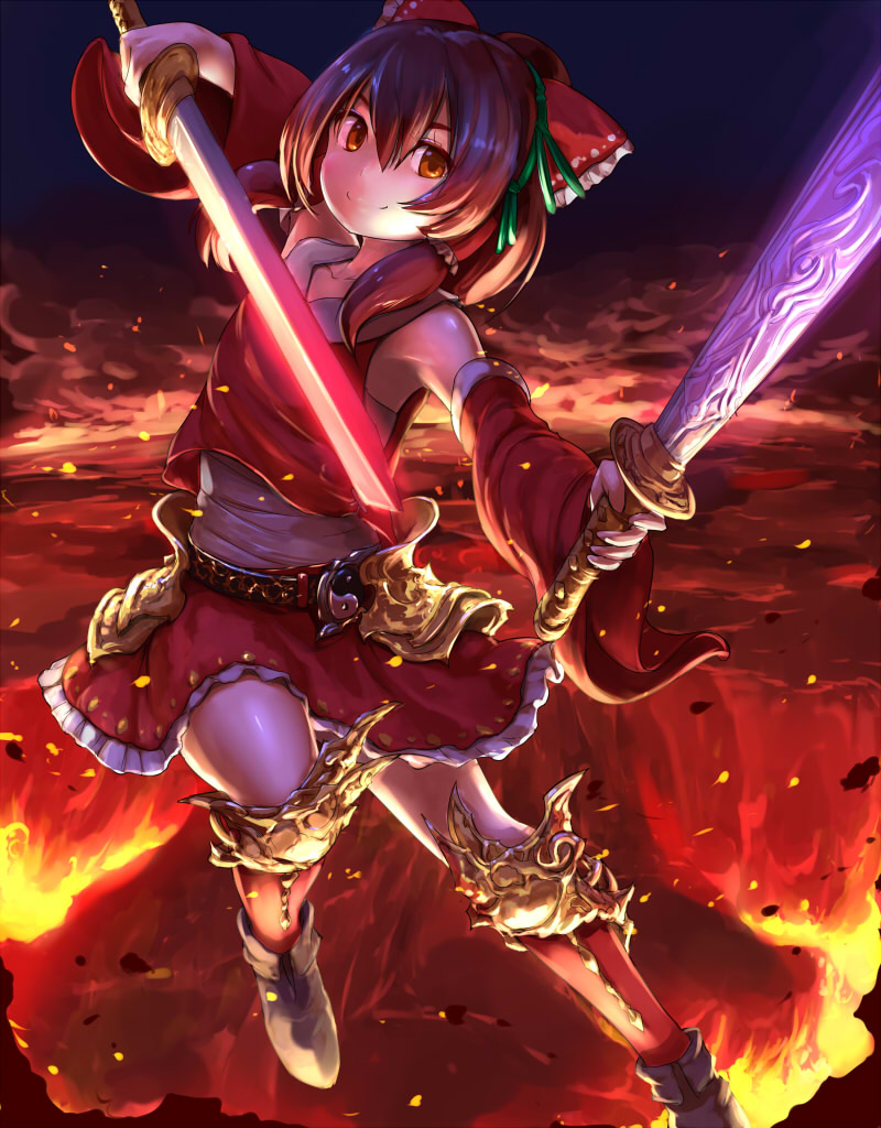 1girl armor armored_boots belt boots bow brown_hair closed_mouth detached_sleeves dual_wielding eno_(whiskeyne) hair_between_eyes hair_bow hair_tubes hakurei_reimu holding holding_sword holding_weapon looking_at_viewer molten_rock orange_eyes ponytail red_bow red_skirt skirt skirt_set smile solo sword touhou vest weapon yin_yang