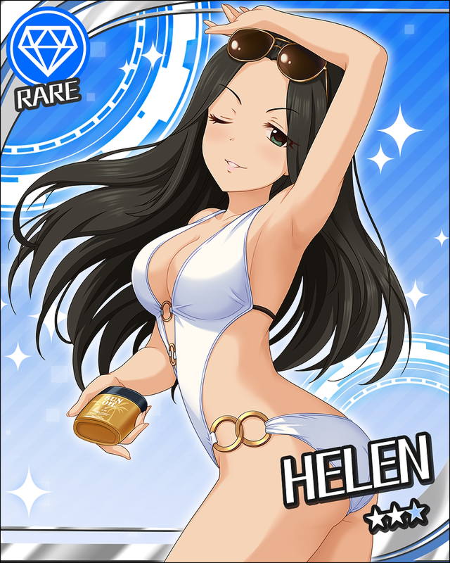 1girl arm_up armpits artist_request black_hair breasts card_(medium) casual_one-piece_swimsuit character_name cleavage collarbone diamond_(symbol) green_eyes grin helen_(idolmaster) idolmaster idolmaster_cinderella_girls long_hair looking_at_viewer lotion lotion_bottle o-ring official_art one-piece_swimsuit one_eye_closed open_mouth smile solo sunglasses sunglasses_on_head sunscreen swimsuit white_swimsuit