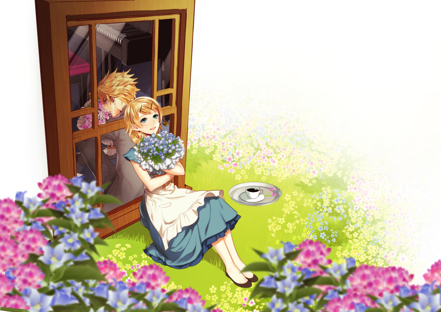 1boy 1girl :d apron back-to-back blonde_hair blue_dress blue_eyes blue_flower bouquet brother_and_sister dress flower holding holding_bouquet kagamine_len kagamine_rin looking_up open_mouth purple_flower short_hair siblings simple_background sitting sleeveless sleeveless_dress smile suzunosuke_(sagula) vocaloid white_apron white_background