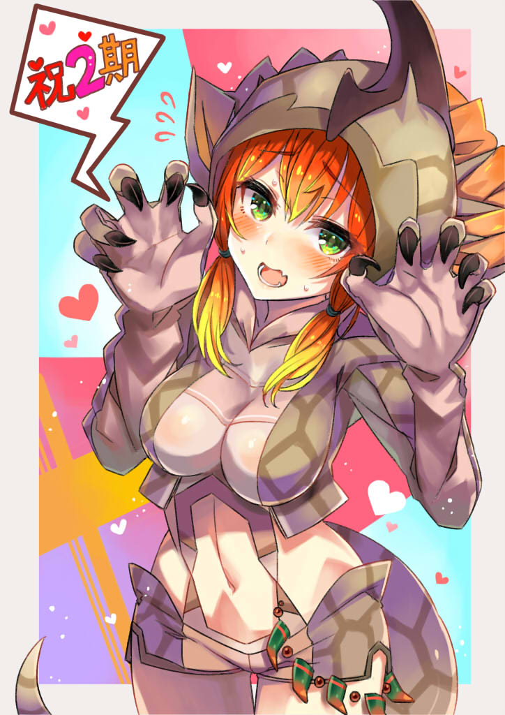 1girl aguila blush breasts cleavage eyebrows_visible_through_hair female green_eyes large_breasts long_hair looking_at_viewer moze navel open_mouth redhead smile snake_tail solo speech_bubble translation_request ultra_kaijuu_gijinka_keikaku ultra_series