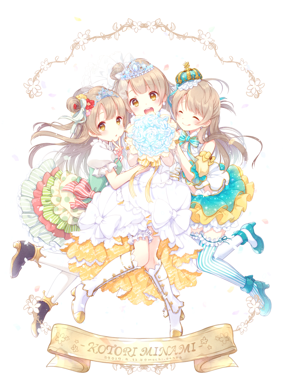 3girls :d ^_^ ankle_strap aqua_shoes bangs boots bouquet bow brown_eyes character_name closed_eyes crown dated dress flower frilled_sleeves frills garters grey_hair hair_bow hair_flower hair_ornament high_heels highres holding holding_bouquet knee_boots knees_together_feet_apart layered_dress leg_garter licking_lips long_hair love_live! love_live!_school_idol_festival love_live!_school_idol_project minami_kotori mismatched_legwear multiple_girls multiple_persona one_side_up open_mouth petals rose sakuramochi_n shoes smile striped striped_legwear thigh-highs tiara tongue tongue_out twitter_username v veil vertical-striped_legwear vertical_stripes wedding_dress white_dress white_legwear white_rose yellow_eyes