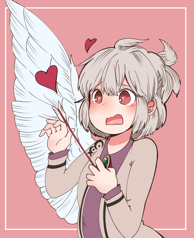 1girl arrow arrow_in_body blush buna_shimeji_(keymush) dress heart heart-shaped_pupils kishin_sagume necktie open_mouth pink_background purple_dress red_eyes short_hair silver_hair skirt solo symbol-shaped_pupils touhou wings