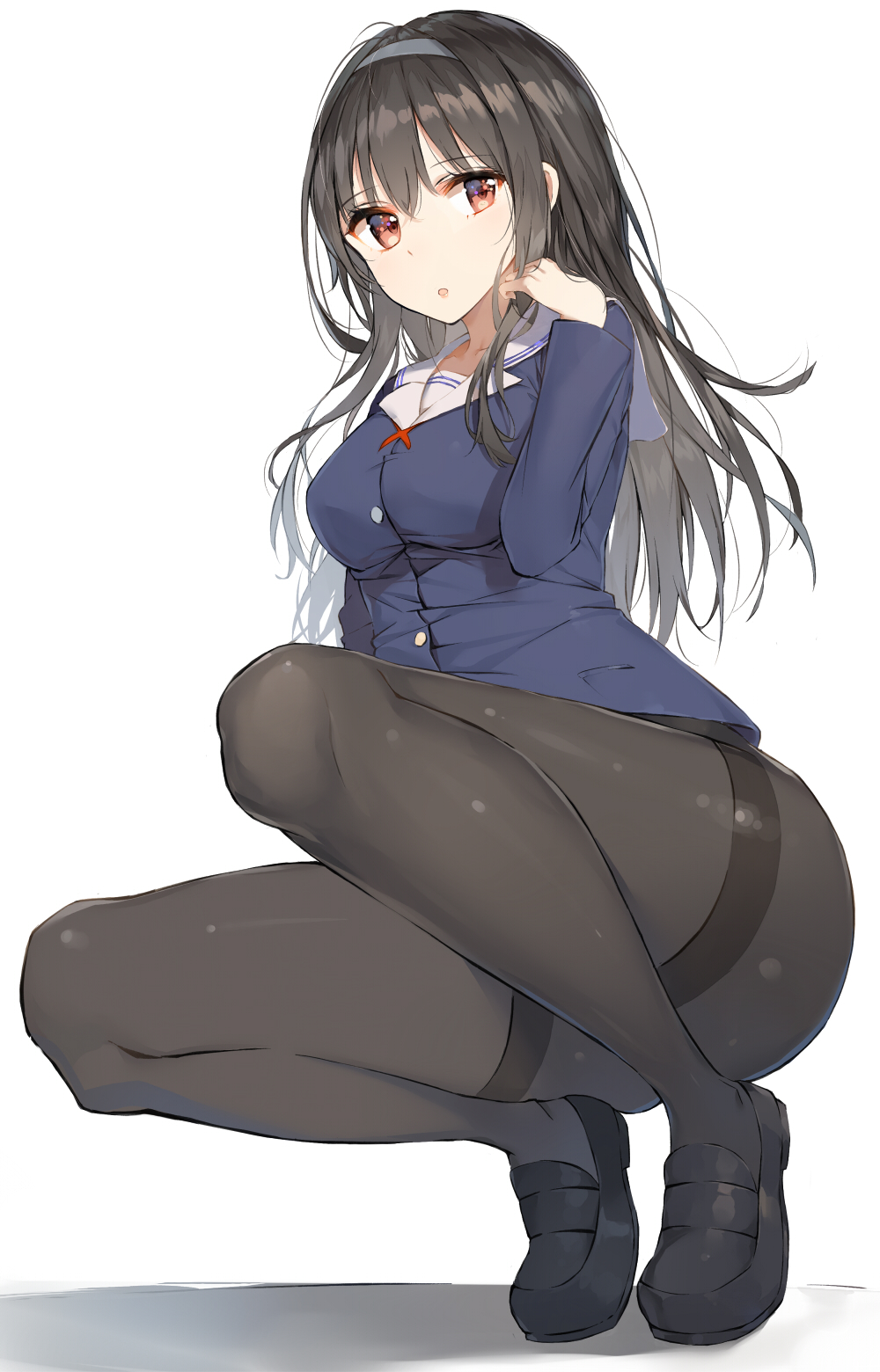 1girl bangs black_hair black_legwear breasts closed_mouth commentary_request eyebrows_visible_through_hair hairband highres kasumigaoka_utaha legs loafers long_hair long_sleeves looking_at_viewer medium_breasts pantyhose red_eyes revision rikoma saenai_heroine_no_sodatekata school_uniform shoes simple_background solo squatting thighband_pantyhose thighs tiptoes
