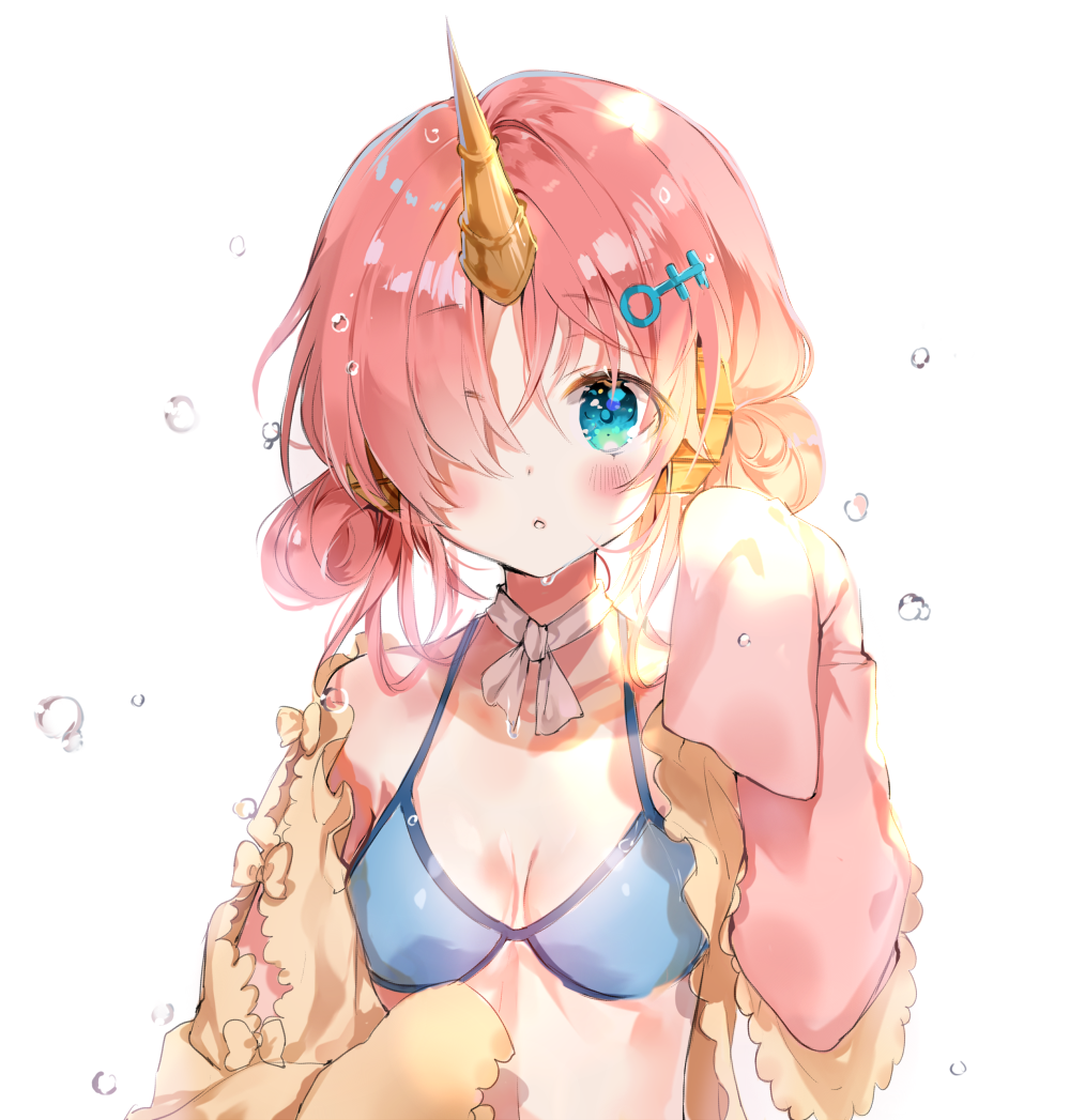 1girl :o b_rock bangs bikini blue_bikini blue_eyes blush breasts eyebrows_visible_through_hair fate/grand_order fate_(series) frankenstein's_monster_(swimsuit_saber)_(fate) hair_ornament hair_over_one_eye hands_in_sleeves horn looking_at_viewer neck_ribbon parted_lips pink_hair ribbon short_twintails simple_background small_breasts solo swimsuit tareme twintails upper_body water_drop white_background white_ribbon