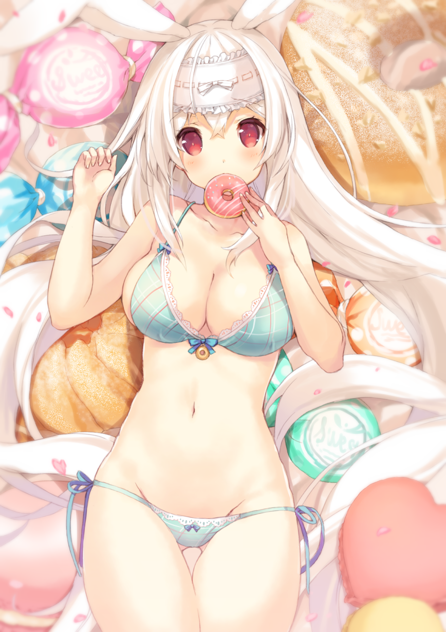 1girl animal_ears bangs bikini blurry blush breasts candy cleavage closed_mouth collarbone covering_mouth cowboy_shot cream_puff crossed_bangs depth_of_field doughnut food green_bikini hair_between_eyes hands_up headdress heart heart_pillow highres holding holding_food large_breasts long_hair looking_at_viewer lying navel on_back original p19 pillow plaid plaid_bikini rabbit_ears red_eyes side-tie_bikini sidelocks solo swimsuit tareme thighs very_long_hair white_hair
