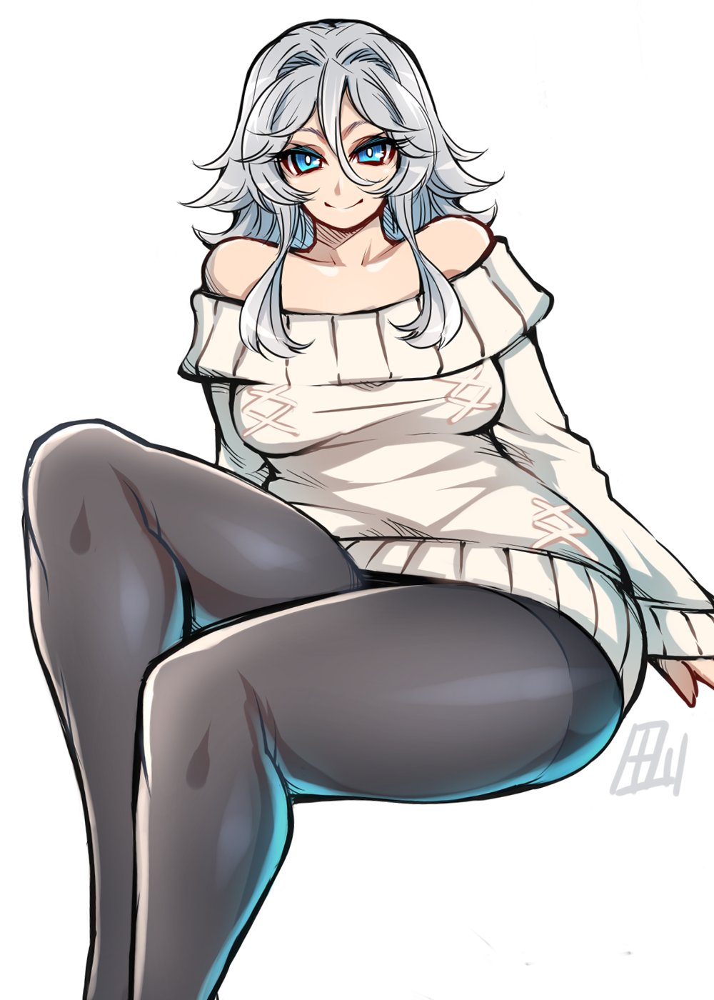 1girl bare_shoulders black_legwear blue_eyes breasts highres izayoi_sakuya long_hair looking_at_viewer silver_hair simple_background sitting smile solo sweater tajima_yuuki white_background