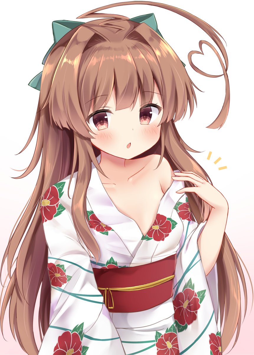 /\/\/\ 1girl ahoge alternate_costume bangs bare_shoulders blush bow breasts brown_eyes brown_hair collarbone commentary_request green_bow hair_bow heart_ahoge highres japanese_clothes kantai_collection kimono kuma_(kantai_collection) long_hair long_sleeves looking_at_viewer masayo_(gin_no_ame) off_shoulder sash shiny shiny_hair sidelocks simple_background small_breasts solo tareme underbust upper_body very_long_hair white_background white_kimono wide_sleeves