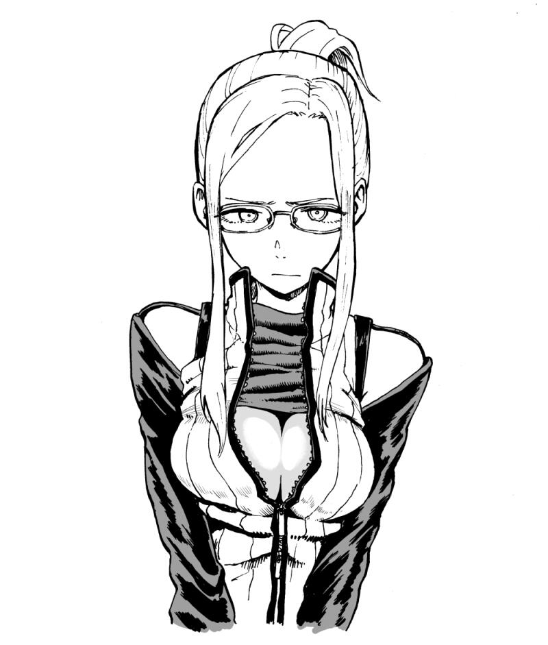 1girl breasts cleavage final_fantasy final_fantasy_viii glasses kotoyama long_hair looking_at_viewer monochrome quistis_trepe sidelocks solo