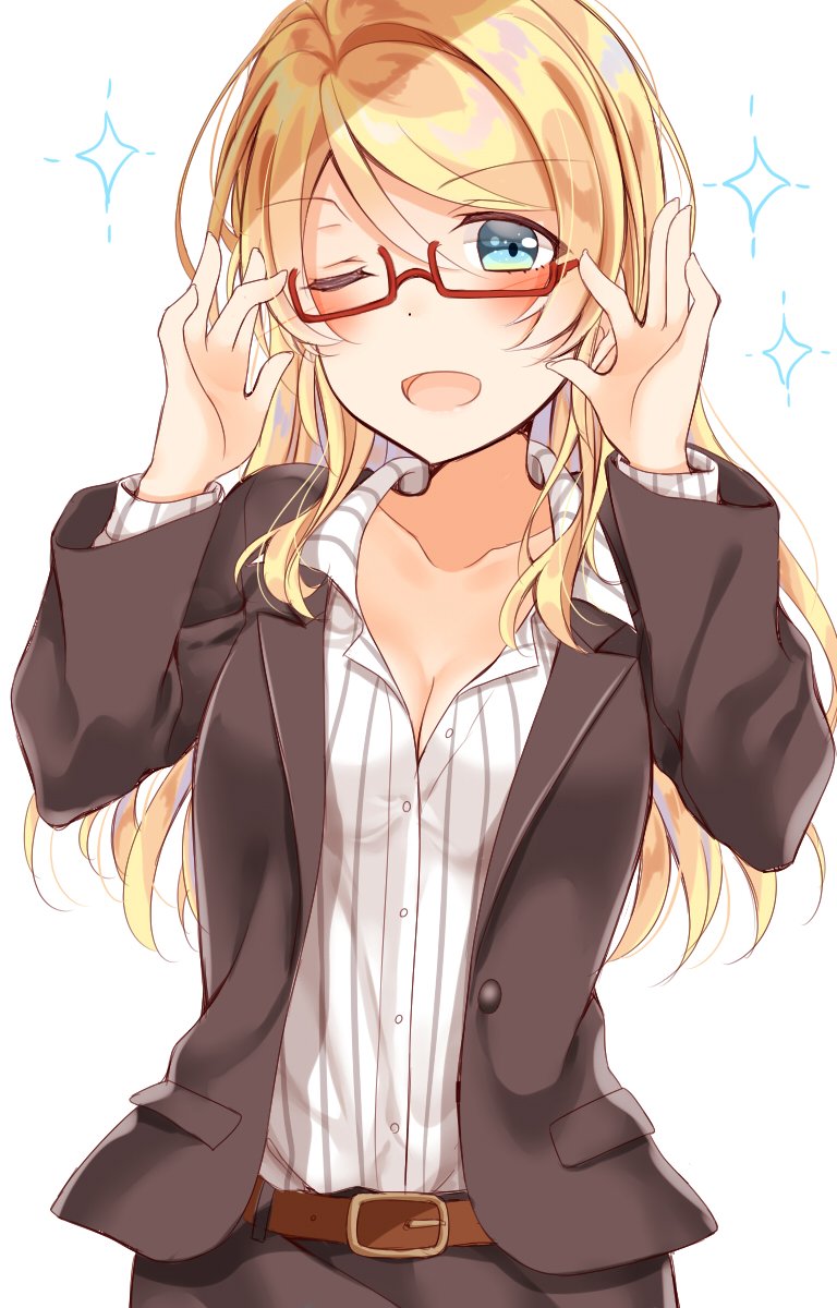 1girl ;d ayase_eli belt blonde_hair blue_eyes breasts cleavage collared_shirt commentary_request formal glasses hair_down highres long_hair long_sleeves looking_at_viewer love_live! love_live!_school_idol_project mogu_(au1127) office_lady one_eye_closed open_mouth pinstripe_pattern red-framed_eyewear semi-rimless_glasses shirt simple_background smile solo sparkle striped suit under-rim_glasses upper_body white_background