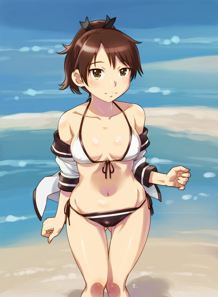 1girl adapted_costume bikini black_bikini_bottom black_ribbon breasts brown_eyes brown_hair cowboy_shot front-tie_top gluteal_fold hair_ribbon kantai_collection looking_at_viewer mismatched_bikini open_clothes open_shirt ponytail ribbon same shikinami_(kantai_collection) shirt side-tie_bikini small_breasts solo swimsuit white_bikini_top white_shirt