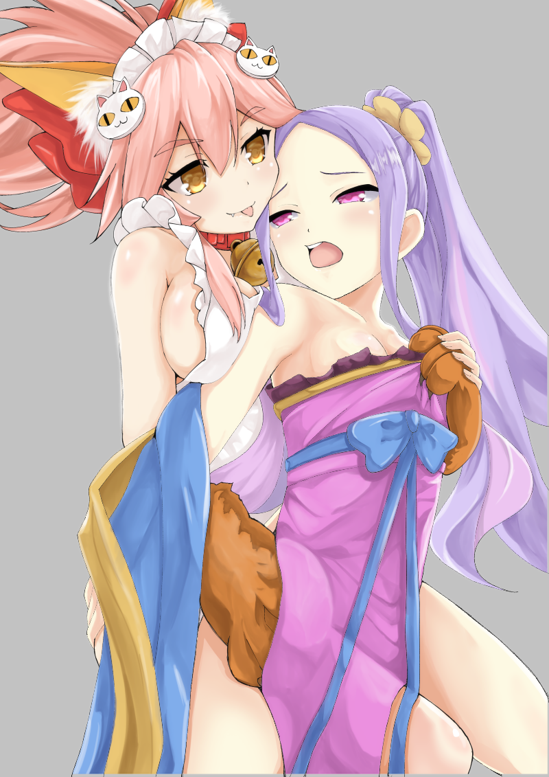 2girls animal_ears bad_id bad_pixiv_id bare_shoulders bell bell_collar blush breasts cleavage collar collarbone fate/grand_order fate_(series) fox_ears fox_tail grey_background hair_ribbon japanese_clothes kimono kinnrui large_breasts long_hair multiple_girls open_mouth paws pink_hair purple_hair ribbon sideboob simple_background small_breasts tail tamamo_(fate)_(all) tamamo_cat_(fate) tongue tongue_out twintails very_long_hair violet_eyes wu_zetian_(fate/grand_order) yellow_eyes yuri