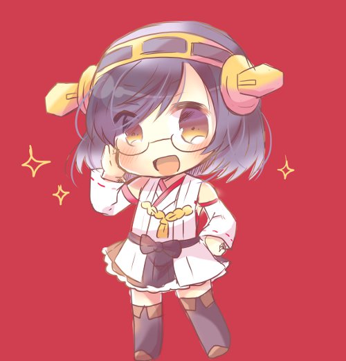 1girl black_hair boots brown_eyes chibi detached_sleeves full_body glasses hairband headgear japanese_clothes kantai_collection kirishima_(kantai_collection) kouu_hiyoyo looking_at_viewer nontraditional_miko pose red_background ribbon-trimmed_sleeves ribbon_trim short_hair simple_background smile solo standing thigh-highs thigh_boots