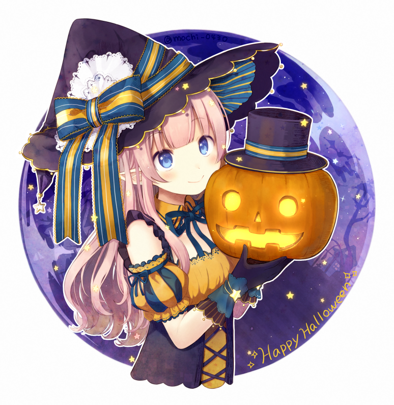 1girl bangs black_gloves black_hair black_shirt blue_eyes blue_ribbon blunt_bangs blush closed_mouth commentary_request detached_collar doily frills gloves glowing halloween happy_halloween hat hat_ribbon holding holding_pumpkin jack-o'-lantern lace long_hair looking_up neck_ribbon original pink_hair pointy_ears puffy_short_sleeves puffy_sleeves ribbon sakuramochi_n shirt short_sleeves smile solo star striped striped_ribbon striped_sleeves upper_body witch_hat