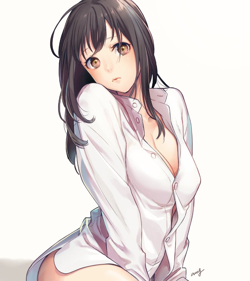 1girl amg_(nwmnmllf) artist_name between_legs breasts brown_eyes brown_hair cleavage closed_mouth dress_shirt hand_between_legs large_breasts lips long_hair looking_at_viewer naked_shirt original partially_unbuttoned shirt simple_background sitting solo yellow_background