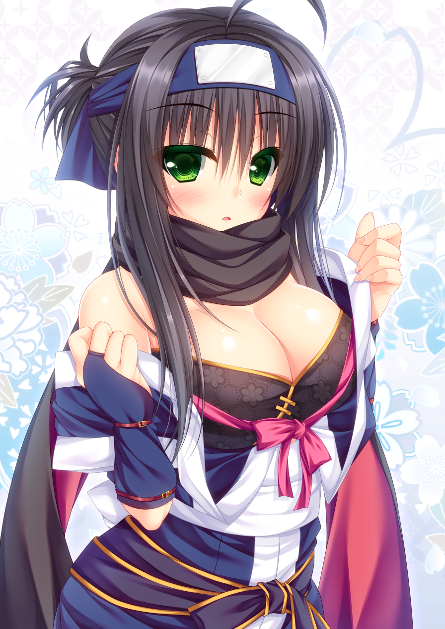 1girl :o ahoge bangs black_bra black_hair black_scarf blue_gloves blush bow bra breasts buckle colored_eyelashes eyebrows_visible_through_hair fingernails floral_background forehead_protector gloves green_eyes hair_between_eyes headband highres hitachi_mako japanese_clothes kimono large_breasts long_hair looking_at_viewer ninja open_clothes open_kimono open_mouth pink_bow scarf senren_banka shiny shiny_skin short_hair_with_long_locks short_ponytail sidelocks underwear undressing upper_body yunagi_amane