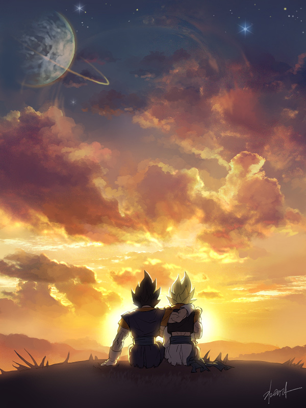 2boys artist_signature back_turned black_hair clouds cloudy_sky day dougi dragon_ball dragonball_z gloves gogeta grass kim_yura_(goddess_mechanic) male_focus multiple_boys out_of_frame planet short_hair sitting sky spiky_hair star sun super_saiyan vegetto