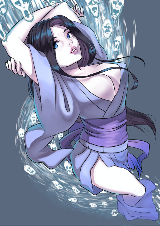 93tmnatsuki arms_up black_hair blue_eyes breasts cleavage large_breasts long_hair looking_at_viewer original pale_skin parted_lips souls very_long_hair yuki_onna